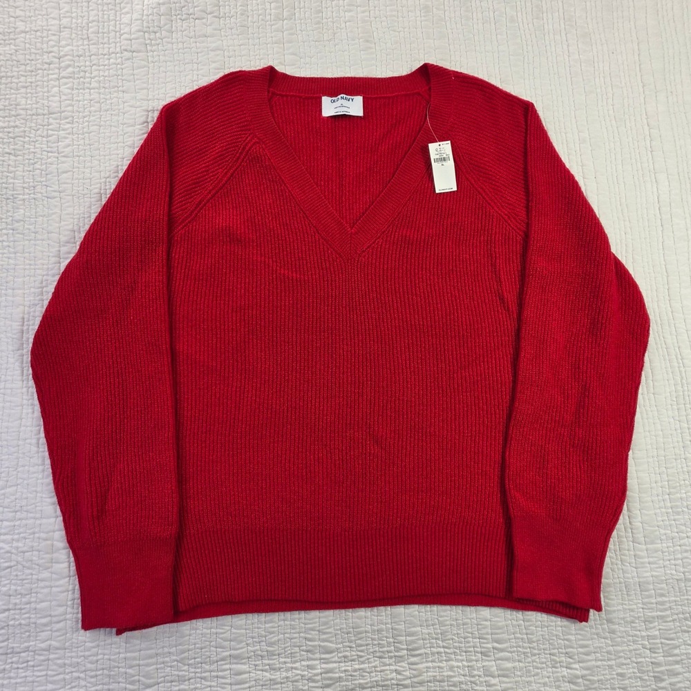 Old Navy NWT XL Robbie Red Shaker Stitch V-Neck Chunky Knit Cotton Pullover